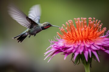 hummingbird hovering in front of blooming flower, taking flight, created with generative ai