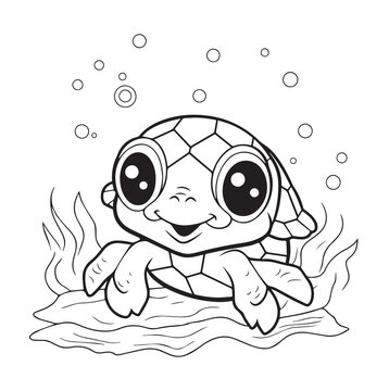 Vector illustration of turtle in the sea. Cartoonish, line art, black and white, coloring page