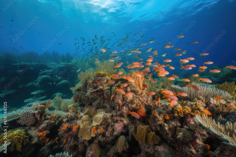 Wall mural a school of fish swimming among brightly colored coral reefs, created with generative ai