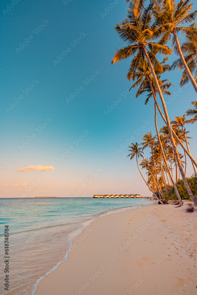 Poster beautiful panoramic sunset tropical paradise beach. tranquil summer vacation or holiday landscape. t - Posters