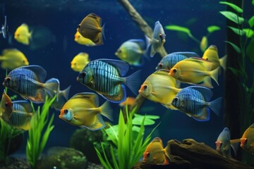 Fototapeta na wymiar school of tropical fish swimming in tranquil aquarium, created with generative ai
