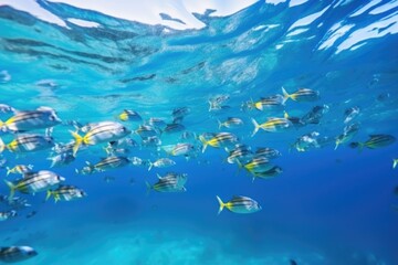 Fototapeta na wymiar tropical fish school swimming in clear blue water, created with generative ai