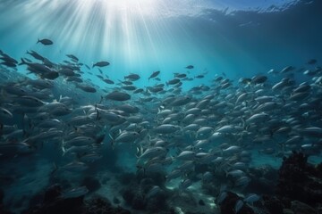 Fototapeta na wymiar tropical fish school swimming in clear ocean waters, created with generative ai