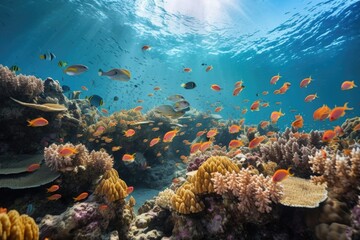aquarium with schools of fish swimming around coral reef, created with generative ai