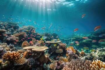 tropical fish swimming among coral reef, with schools of colorful fish in the background, created with generative ai