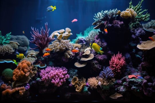 marine life aquarium with tropical fish swimming among colorful corals, created with generative ai