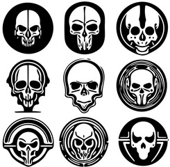 Set of black mascot logos of skulls, vector illustration of human skeleton head