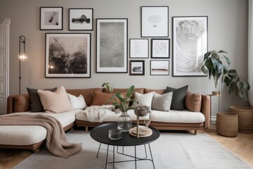a stylish and cozy living room with a variety of wall art, including prints, photos and paintings, created with generative ai
