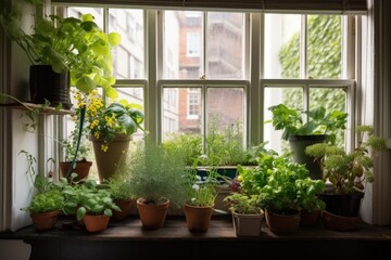 Fototapeta na wymiar window garden filled with colorful plants and herbs, created with generative ai