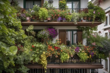 balcony garden filled with lush greenery and colorful flowers, created with generative ai