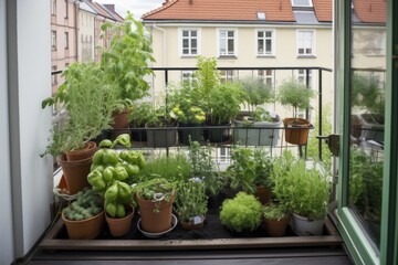 potted plants, herbs and flowers arranged in a window garden on balcony, created with generative ai
