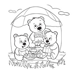 Vector cartoonish bear family, picnic, fun, illustration, line art, black and white