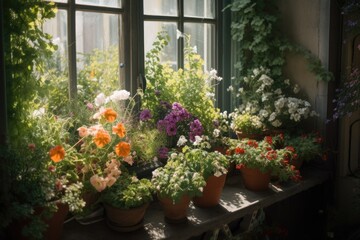 window garden with blooming flowers and herbs on terrace, created with generative ai