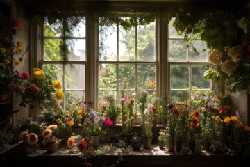 a window garden overflowing with lush greenery and blooming flowers, giving the room a burst of color, created with generative ai