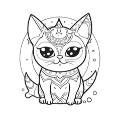 Cute mystical kitten Character, line art. Coloring page for kids and adults, cartoonish, cute.