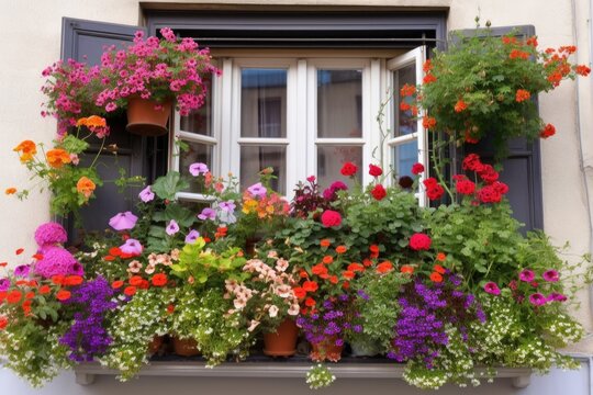 window garden overflowing with colorful blooms and greenery, created with generative ai