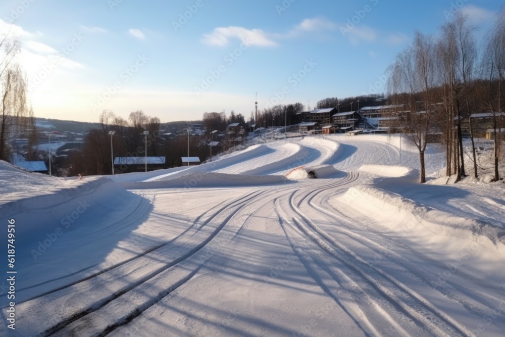 Canvas Prints winter sports park, with long trails and jumps for skiing and snowboarding, created with generative ai