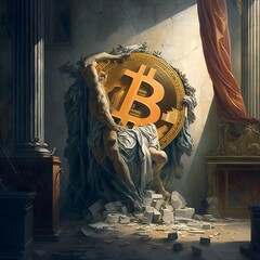 in an artistic style paint Bitcoin crushing central banks and fiat money as the new dominant commodity 