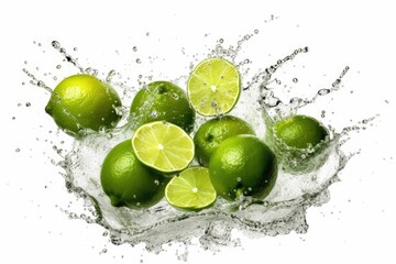 Limes floating in a clear splash of water against a white background - AI generated