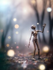 dynamic macro photograph of a disfigured thin zombie scenic foggy haunted forest environment bokeh fairy lights dead leaves blowing in the wind wide scenic view 