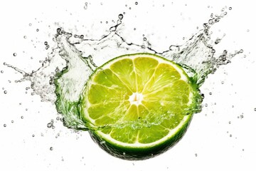 Closeup of sliced lime floating in a clear splash of water against a white background - AI generated