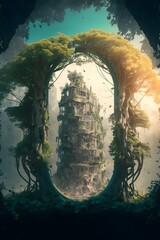 double exposure magnetic resonance ethereal paradox of an ancient glowing magical city grove twisted together to form a architectural dream homes made from nature trees vines leaves and flowers 