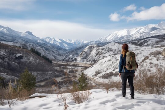 winter hike, with view of snowy mountain range in the background, created with generative ai