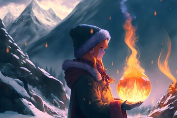 anime 3d 4k female mage casting fire spells snowy mountains 