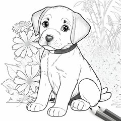 black and white puppy cartoon children coloring page 