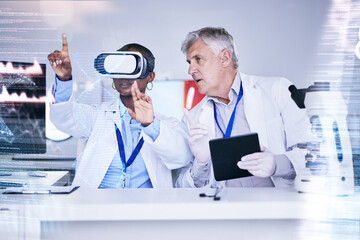 Future, data and scientist team with virtual reality, overlay and digital abstract with tablet, medical research and technology. Science info, test results and VR experience, people in lab and DNA