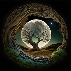 stages of the moon around an ancient celtic oak tree 