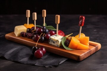delicate skewer of fruit and cheese on wooden board, created with generative ai