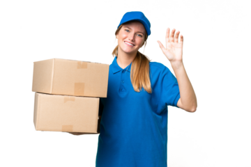 Delivery caucasian woman over isolated background saluting with hand with happy expression
