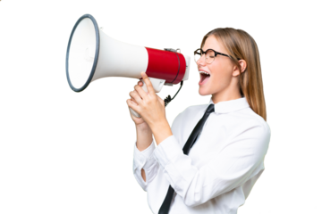 Young business caucasian woman over isolated background shouting through a megaphone