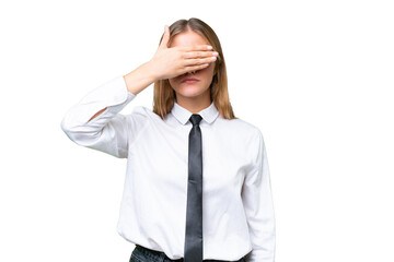Young business caucasian woman over isolated background covering eyes by hands. Do not want to see...