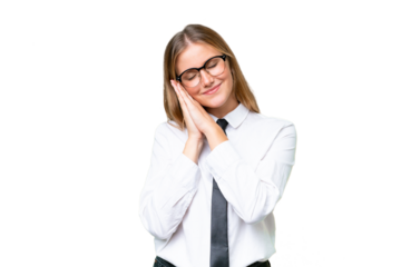 Young business caucasian woman over isolated background making sleep gesture in dorable expression