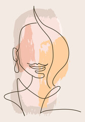 Line art woman face on abstract background. Poster. Pastel colors. Feminine. Girl. Vector art, hi-res