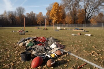 athletic field with a variety of sports equipment scattered on the ground, created with generative ai