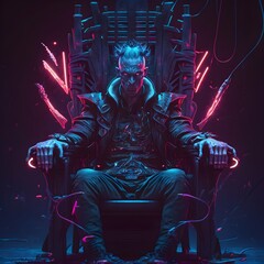 Fototapeta na wymiar cyberpunk evil gang leader named martim sitting on throne neon lights realistic 