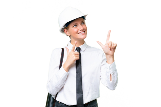 Young architect caucasian woman with helmet and holding blueprints over isolated background pointing with the index finger a great idea