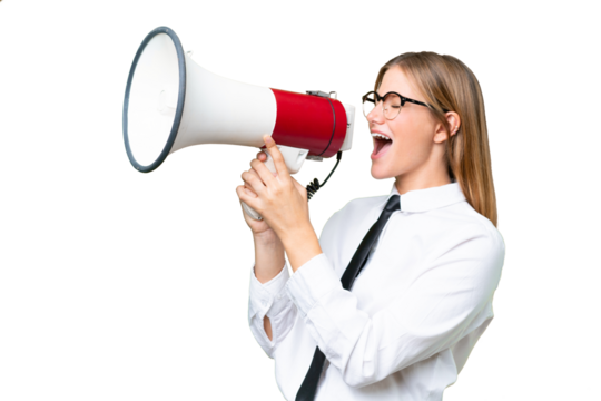 Young business caucasian woman over isolated background shouting through a megaphone