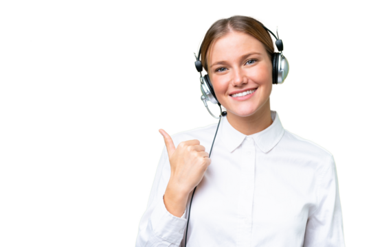 Telemarketer caucasian woman working with a headset over isolated background pointing to the side to present a product