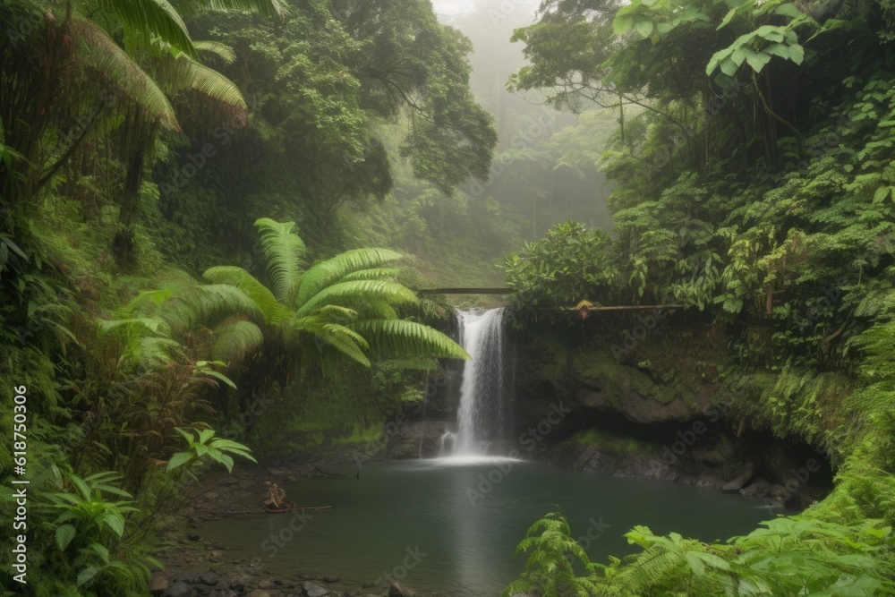 Poster peaceful waterfall, surrounded by lush greenery and misty clouds, created with generative ai