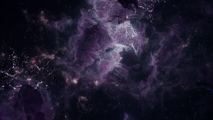 Distant galaxy star cluster in alien deep space. Science fiction concept 3d illustration of mystery interstellar gas nebula and ethereal magic glowing celestial bodies. Astronomy and cosmos wide shot.