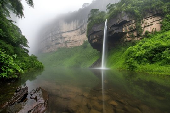 majestic waterfall, plummeting over cliff into misty pool below, created with generative ai