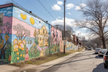 neighborhood mural with pastel colors, depicting the community and its residents, created with generative ai
