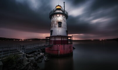Lighthouse outside of Sleepy Hollow, New York framed with stormy clouds above.