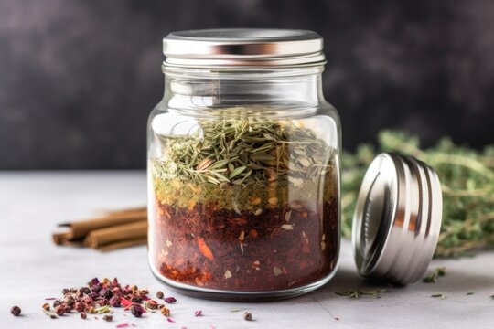 glass jar filled with spices and herbs for flavorful seasoning, created with generative ai