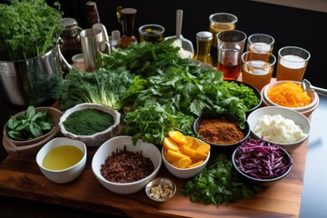 collection of ingredients that make up a deconstructed recipe, including fresh herbs, spices, and vegetables, created with generative ai