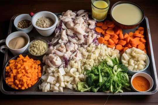tray of deconstructed ingredients for seafood stew, ready to be reassembled into delicious meal, created with generative ai